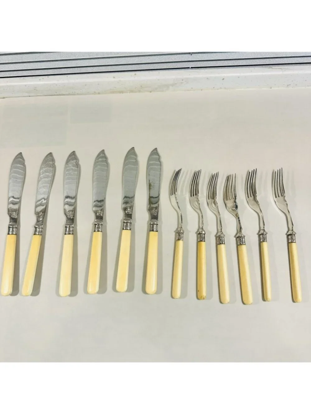 Sheffield EPNS Plated Set 6 Fish Forks & 6 Knives Celluloid Handles Antique UK